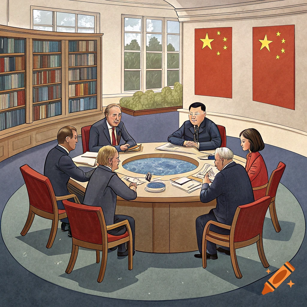 Illustration of people in suits having a meeting at a round table with flags and books