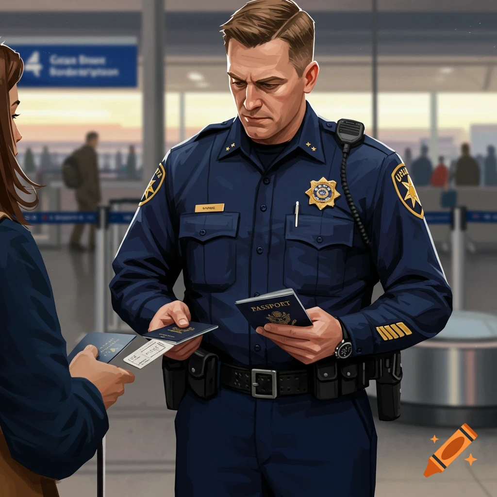 A customs officer in uniform examines passports and a document at an airport.