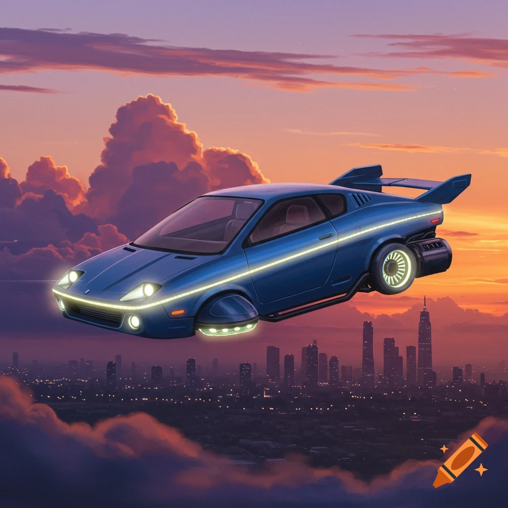 A blue futuristic flying car hovers over a city skyline at sunset.