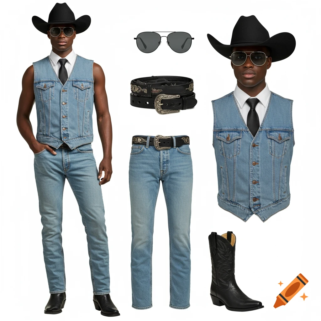 A full cowboy outfit including a vest, jeans, boots, hat, belt, and sunglasses.