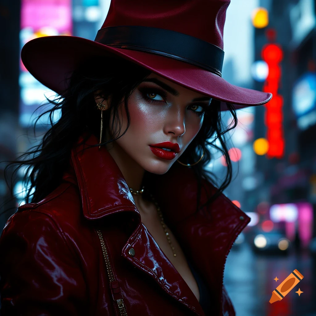A close-up photorealistic portrait of a woman in a red hat and jacket in a city at night.