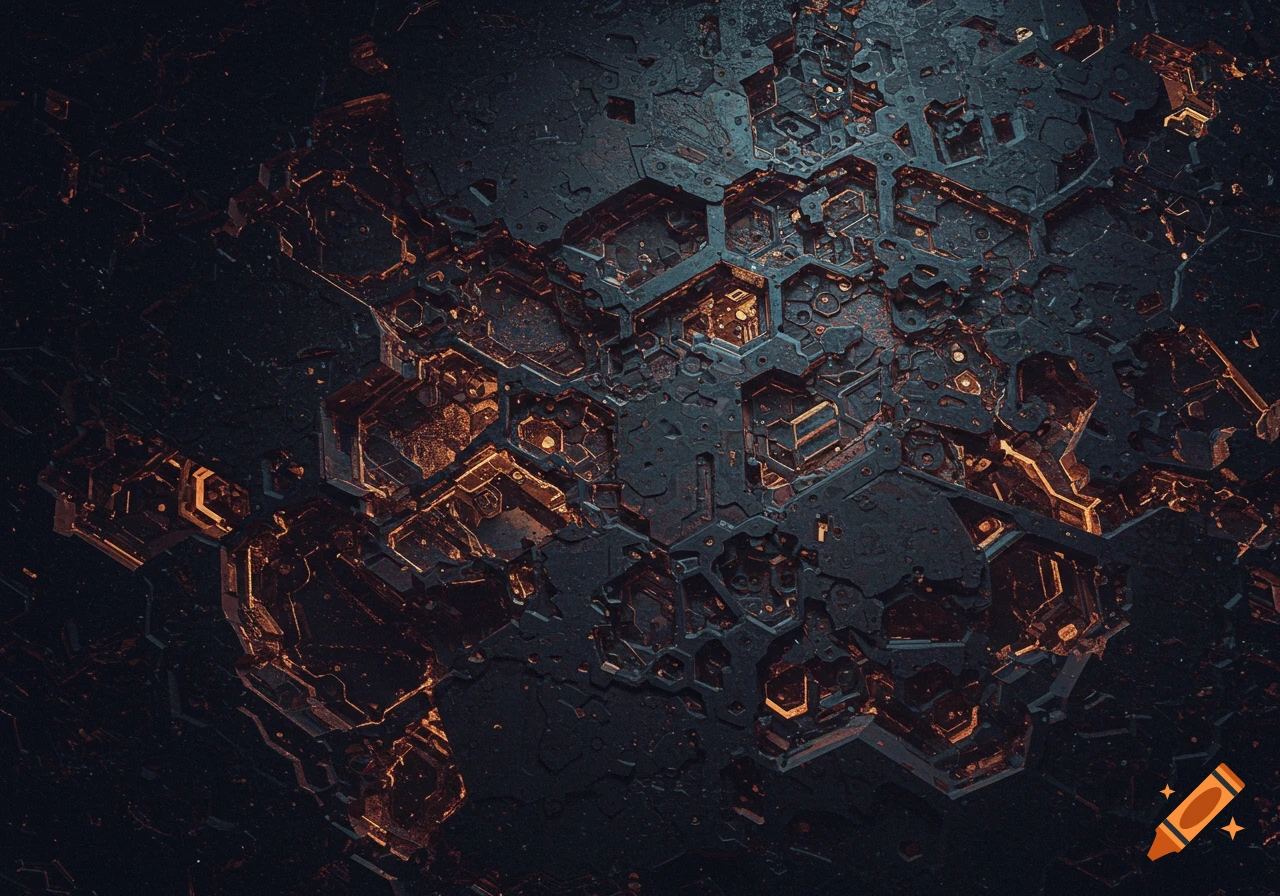 Dark, textured surface with glowing orange geometric hexagonal patterns.