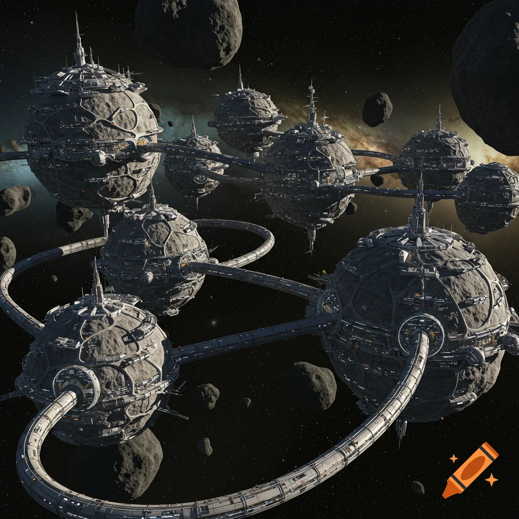 A science fiction starbase constructed from connected structures on asteroids in space, surrounded by other asteroids.