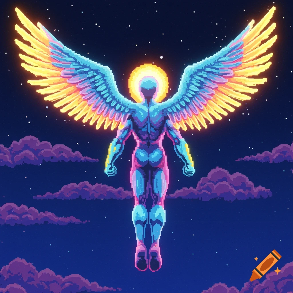 Pixel art rendering of a winged figure with a halo floating in starry space.