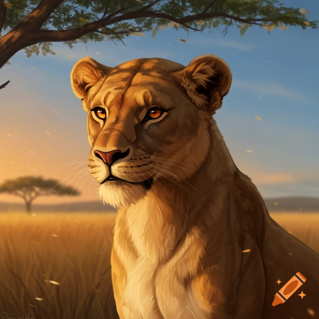 Lioness portrait in savanna at sunset