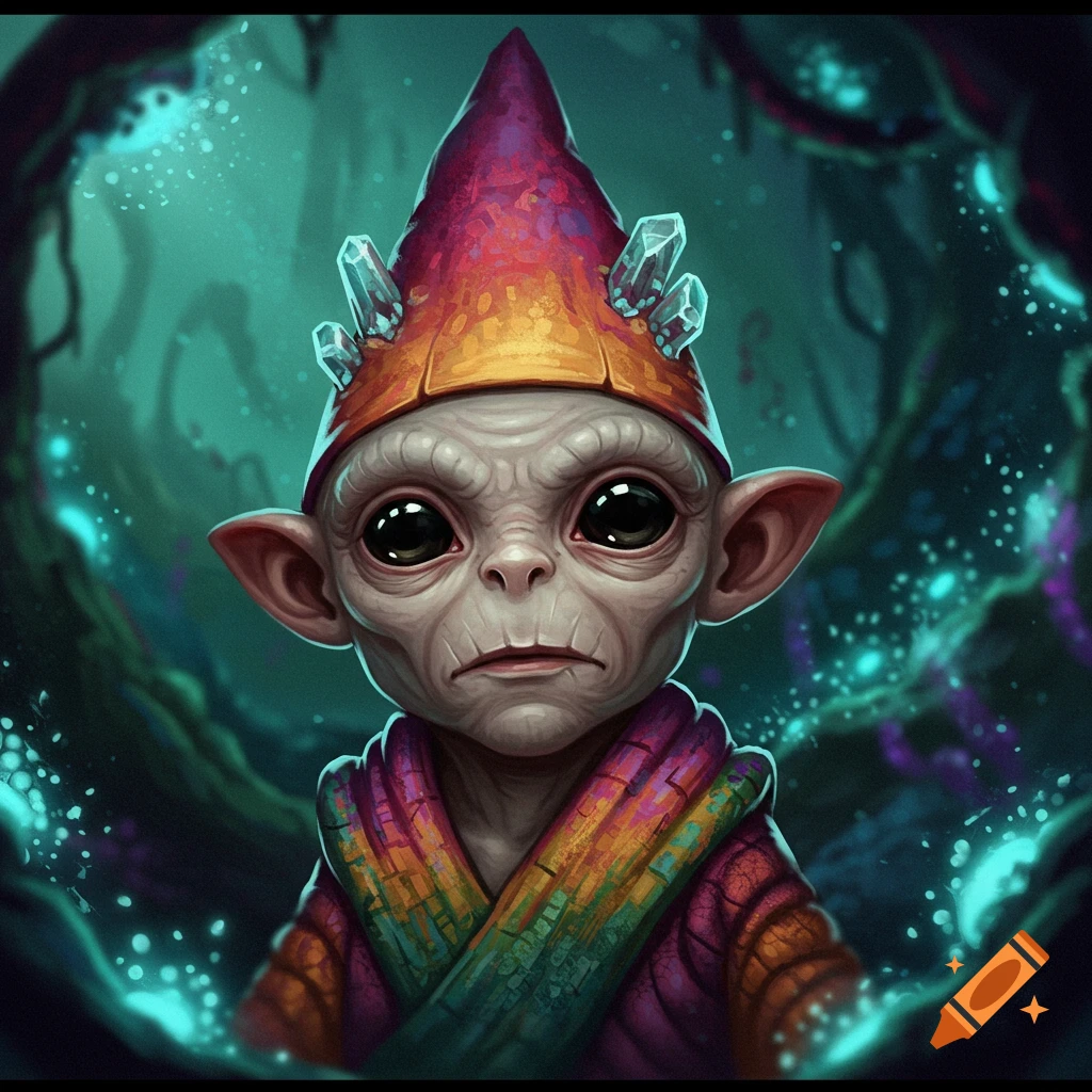 A close-up portrait of an alien-like gnome wearing a tall red and gold hat with crystals, against a dark, glowing forest background.