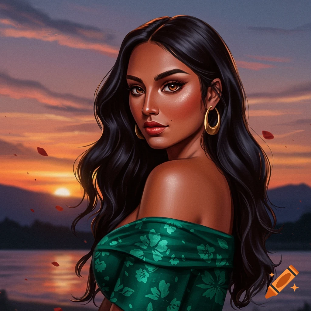 Illustrated portrait of a woman in a green dress against a sunset lake and mountains.