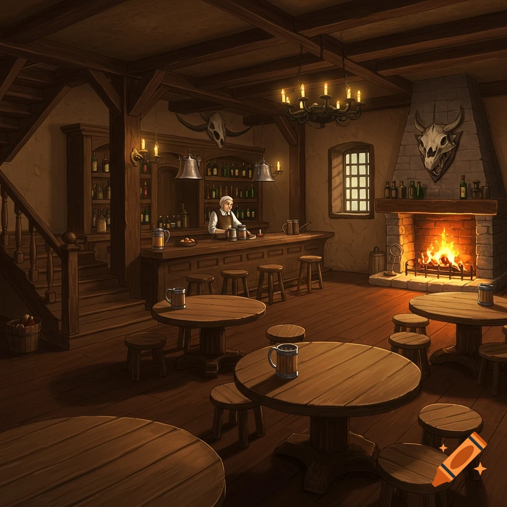 A cozy fantasy tavern interior with a bartender behind a bar, tables, stools, a fireplace, and stairs.