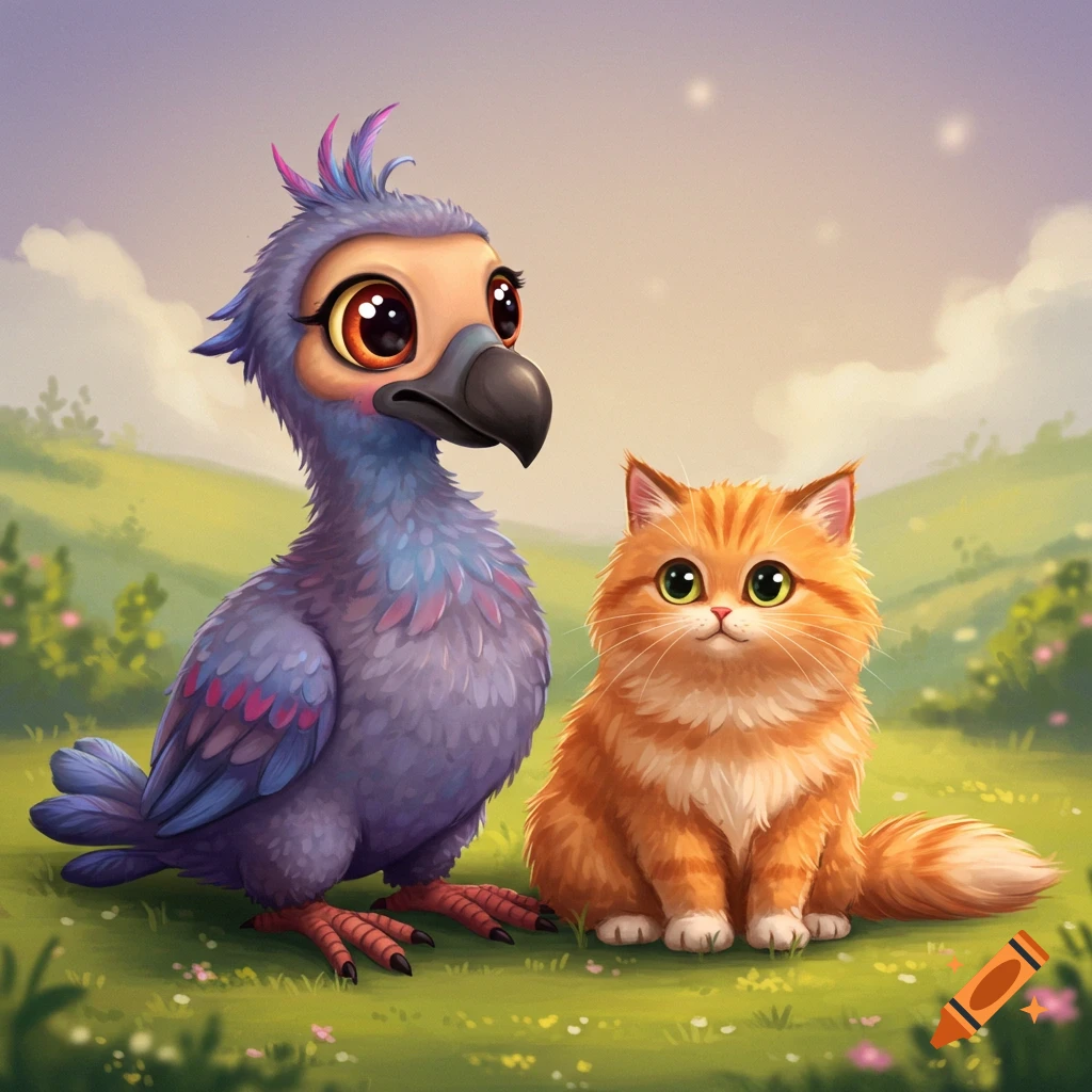 A cute cartoon bird and an orange cat sitting in a grassy field.
