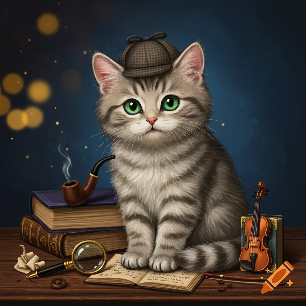 Cute kitten dressed as Sherlock Holmes with a deerstalker hat, pipe, magnifying glass, books, and violin.