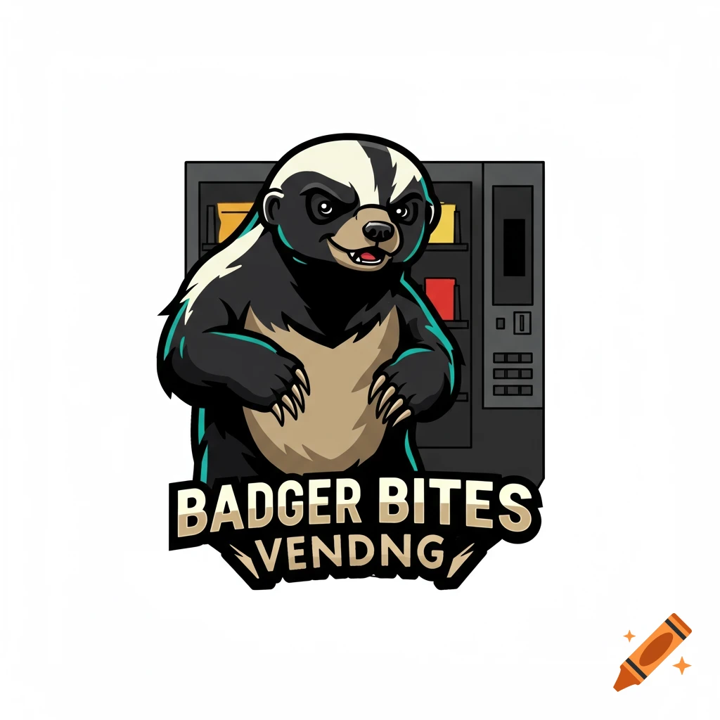 Cartoon badger logo with a vending machine and text 'BADGER BITES VENDNG'