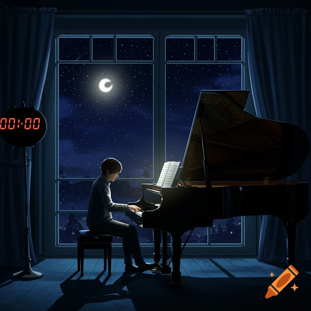 Anime illustration of person playing piano by window at night, illuminated by moonlight, clock nearby.
