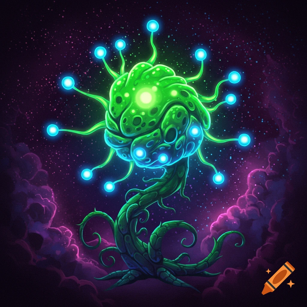 A vibrant green alien plant monster with glowing blue tentacle tips stands in space with purple clouds.