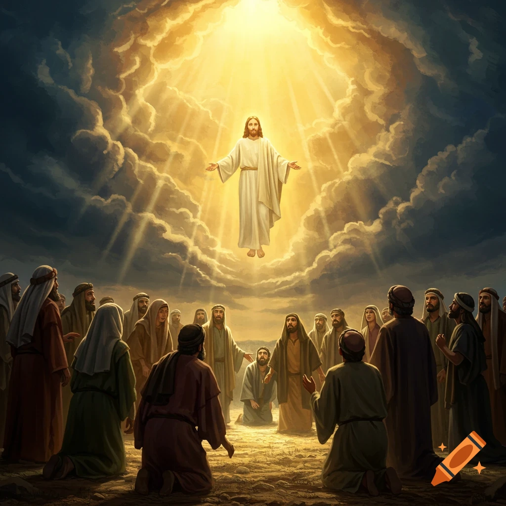Painting of Jesus figure ascending from clouds above a crowd of kneeling people.