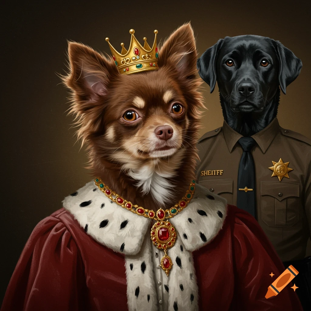 Portrait of a chihuahua wearing a king's outfit next to a black labrador in a sheriff uniform.