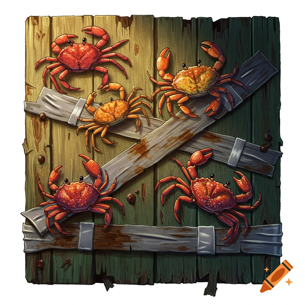 An illustration of four red and orange crabs on a weathered wooden door reinforced with metal strips and tape.