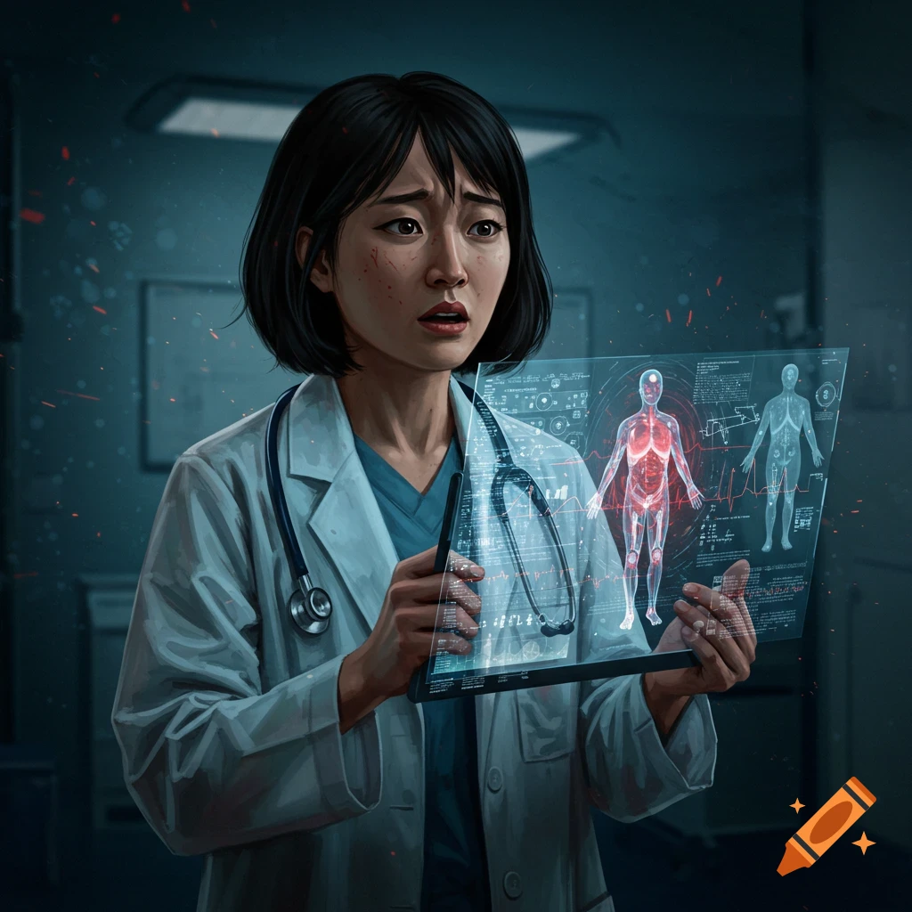 A scared doctor looks at a holographic display showing human anatomy and medical data.