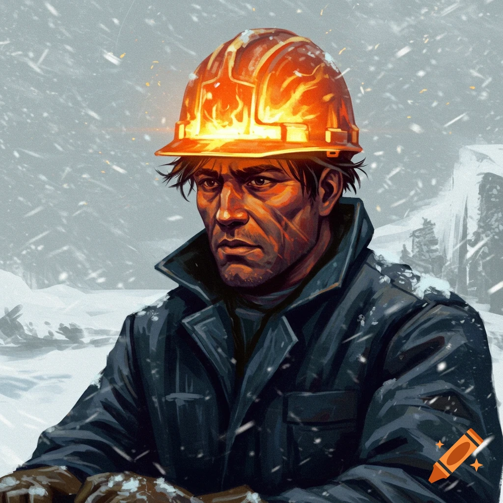 Illustration of a man wearing a glowing, fiery hard hat in a snowstorm.
