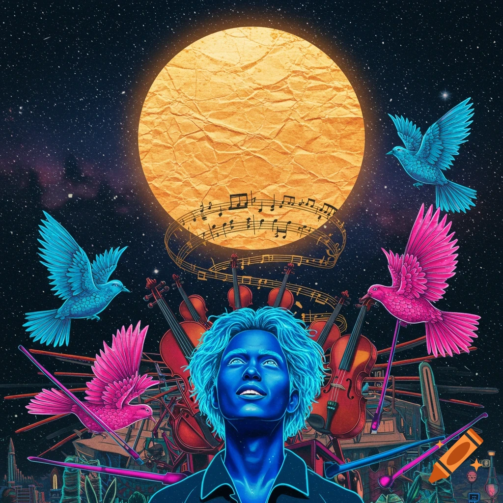 Surreal artwork of a man looking at a paper moon with music notes, surrounded by violins and neon birds in a starry sky.