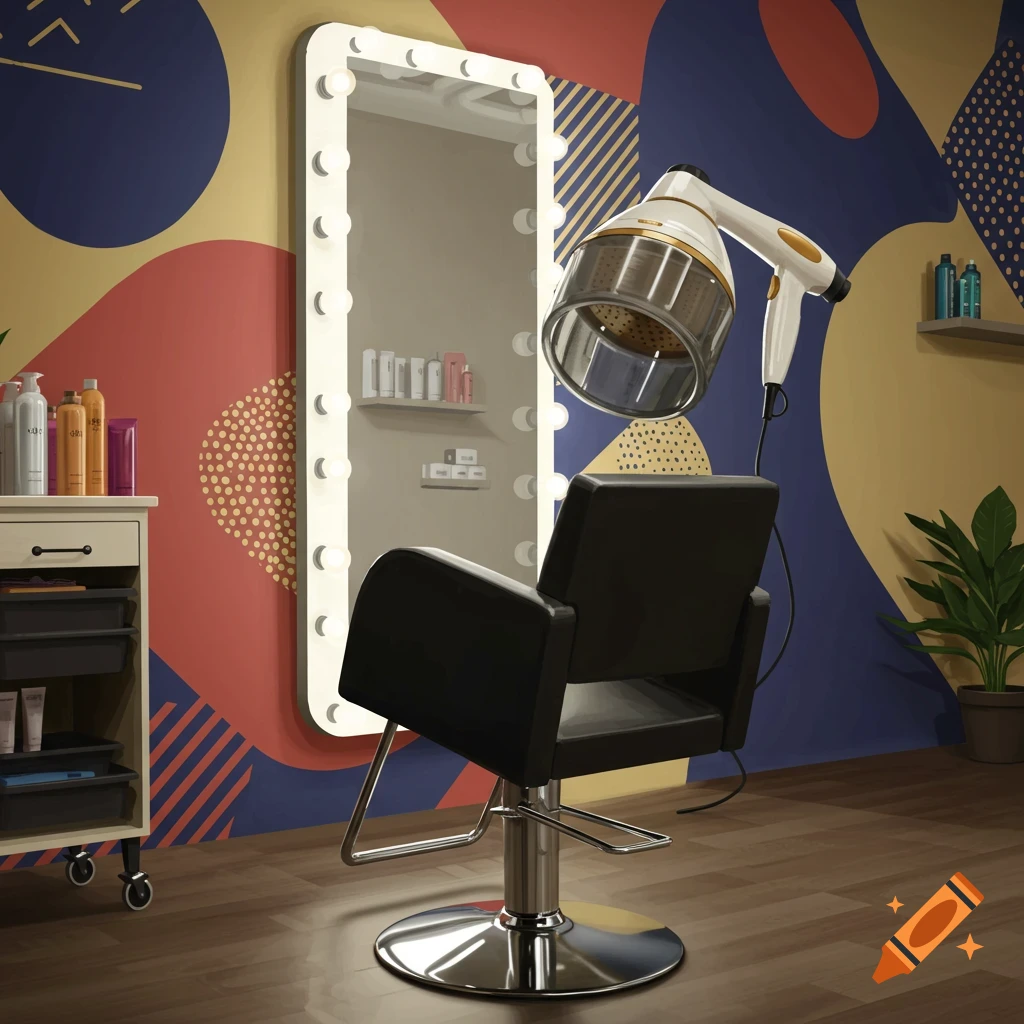 A salon chair and hair dryer in a room with a large lighted mirror and shelves of products.