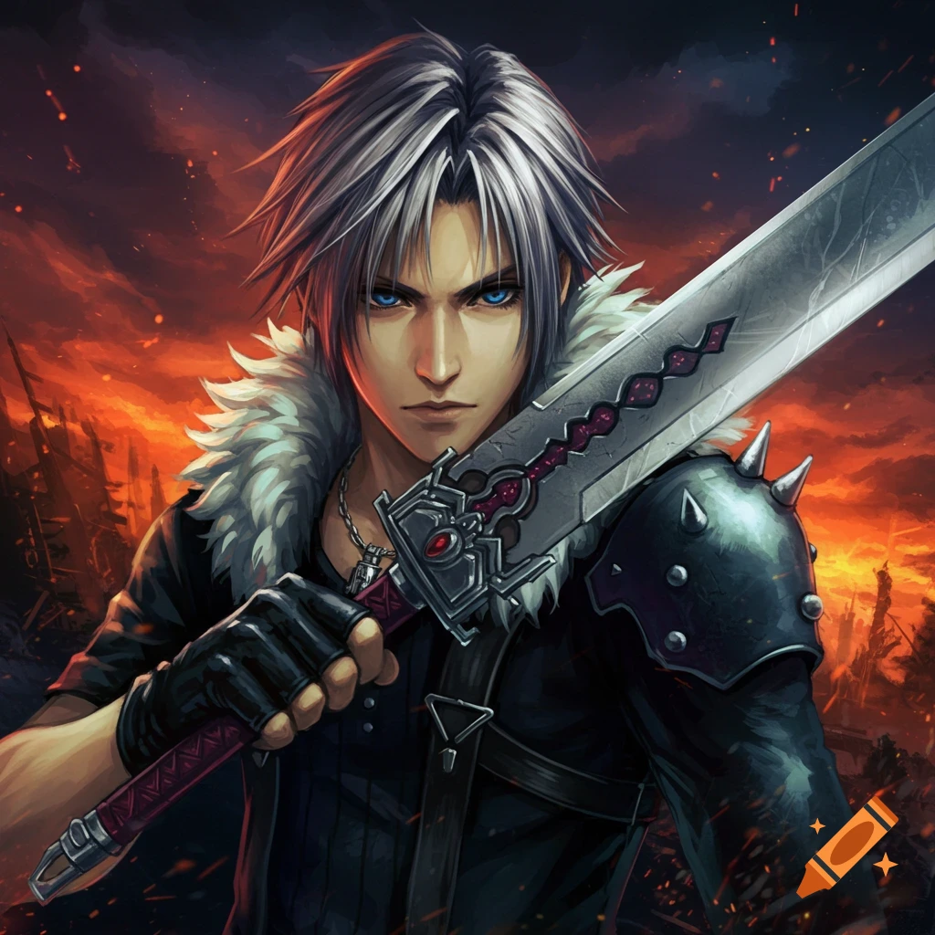 Anime style illustration of a man with a large sword against a fiery, destroyed background.