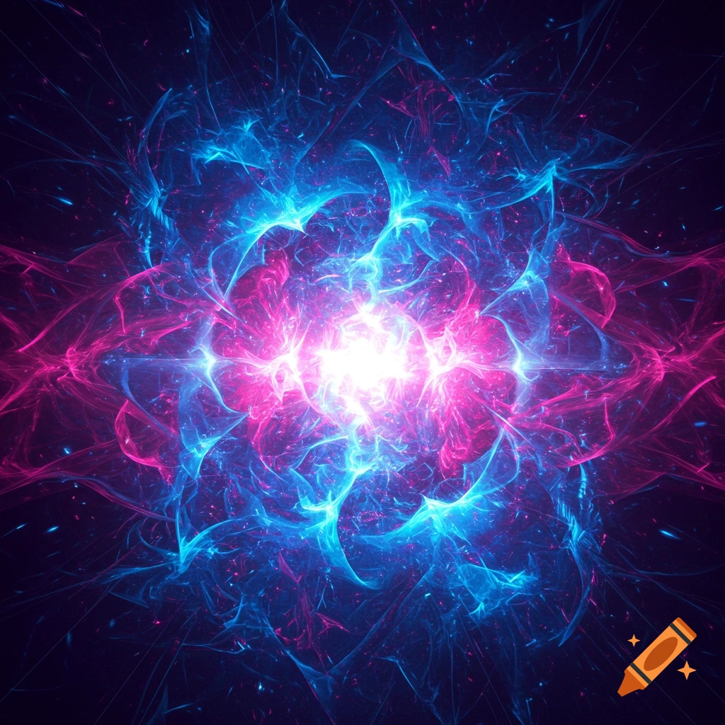 Abstract blue and pink energy burst with a glowing white center on a dark background.