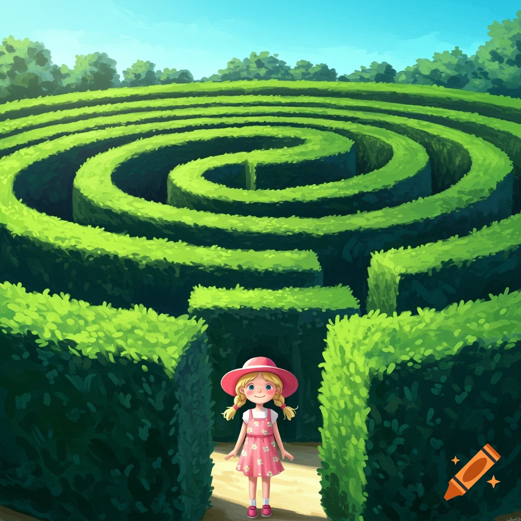 An illustration of a blonde girl in a pink dress standing at the entrance of a large green hedge maze.