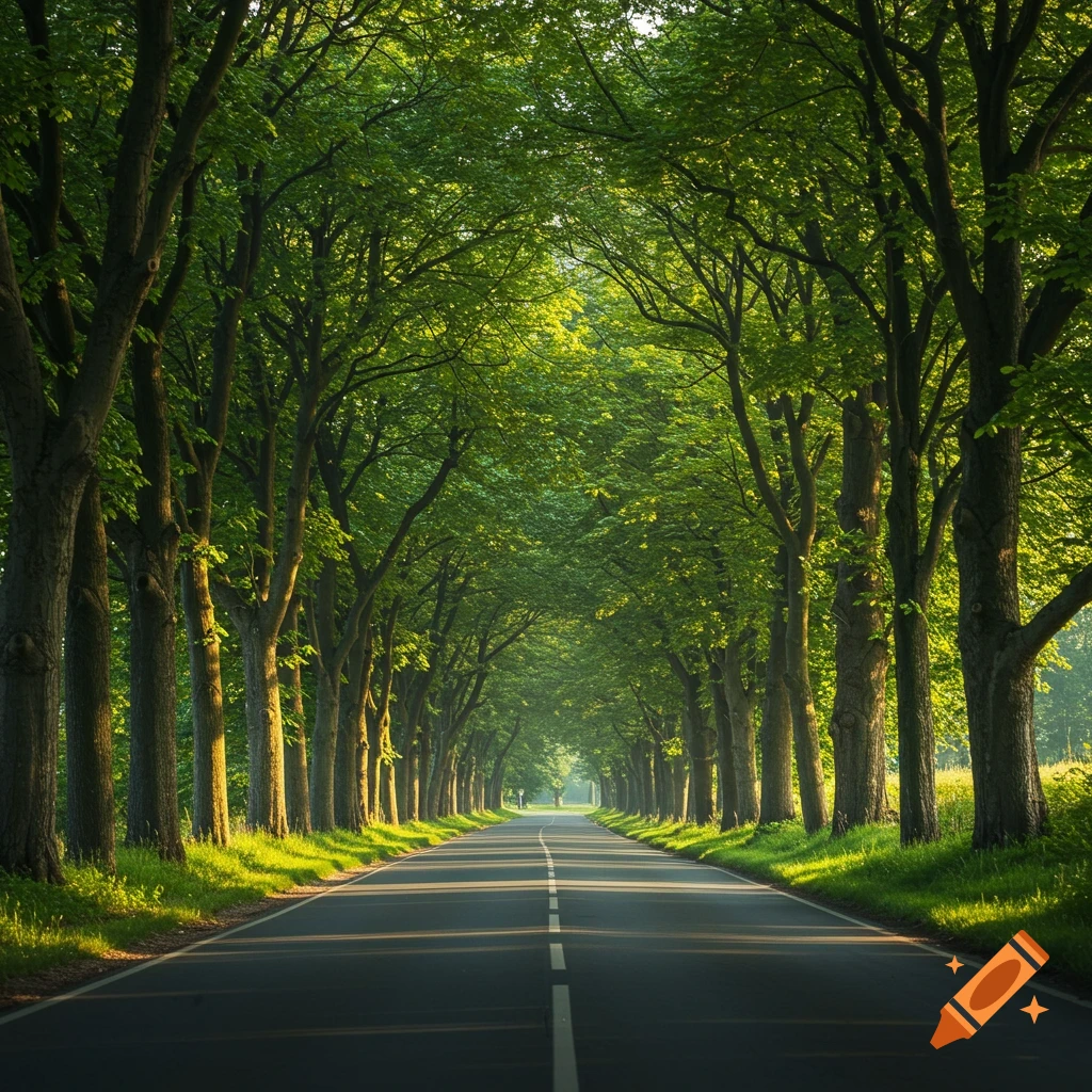 A tree-lined road stretches into the distance in a forest.