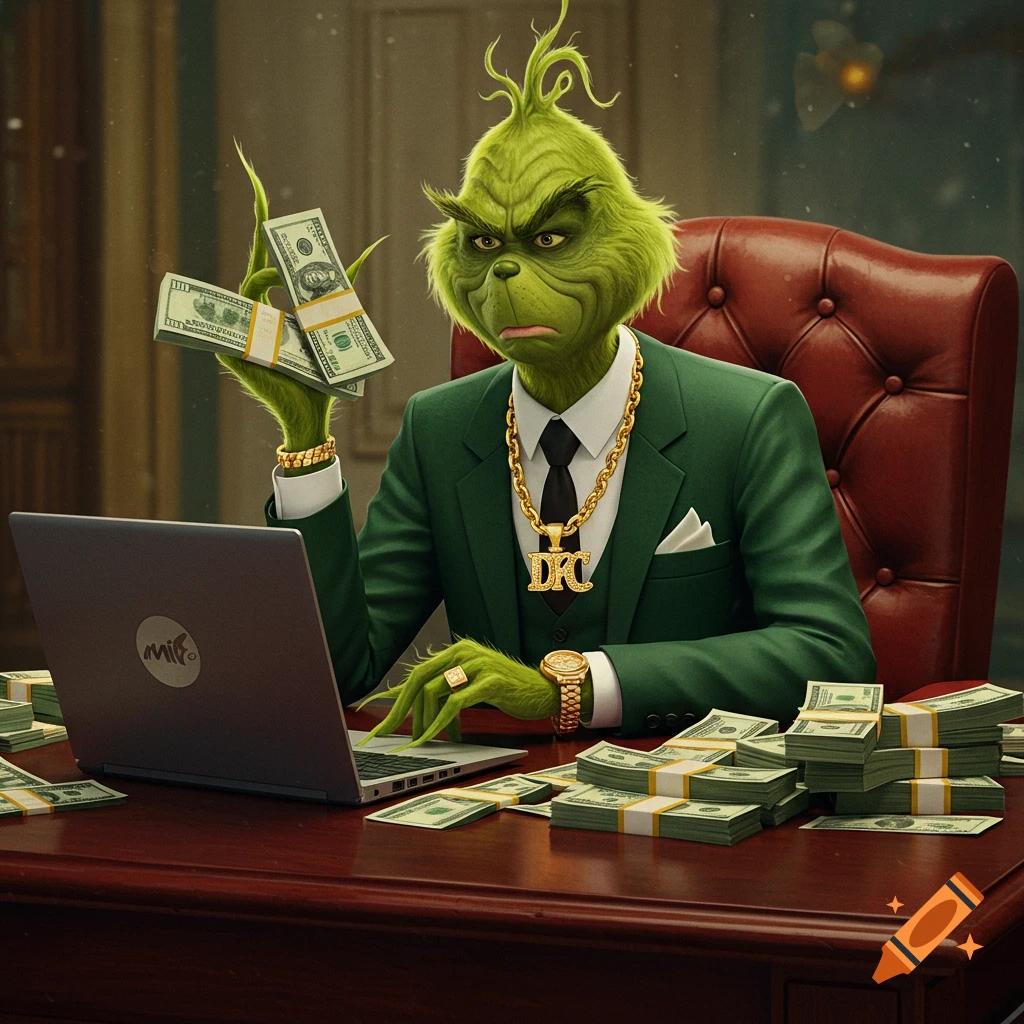 The Grinch in a green suit sits at a desk with stacks of money, looking at a laptop and holding cash.