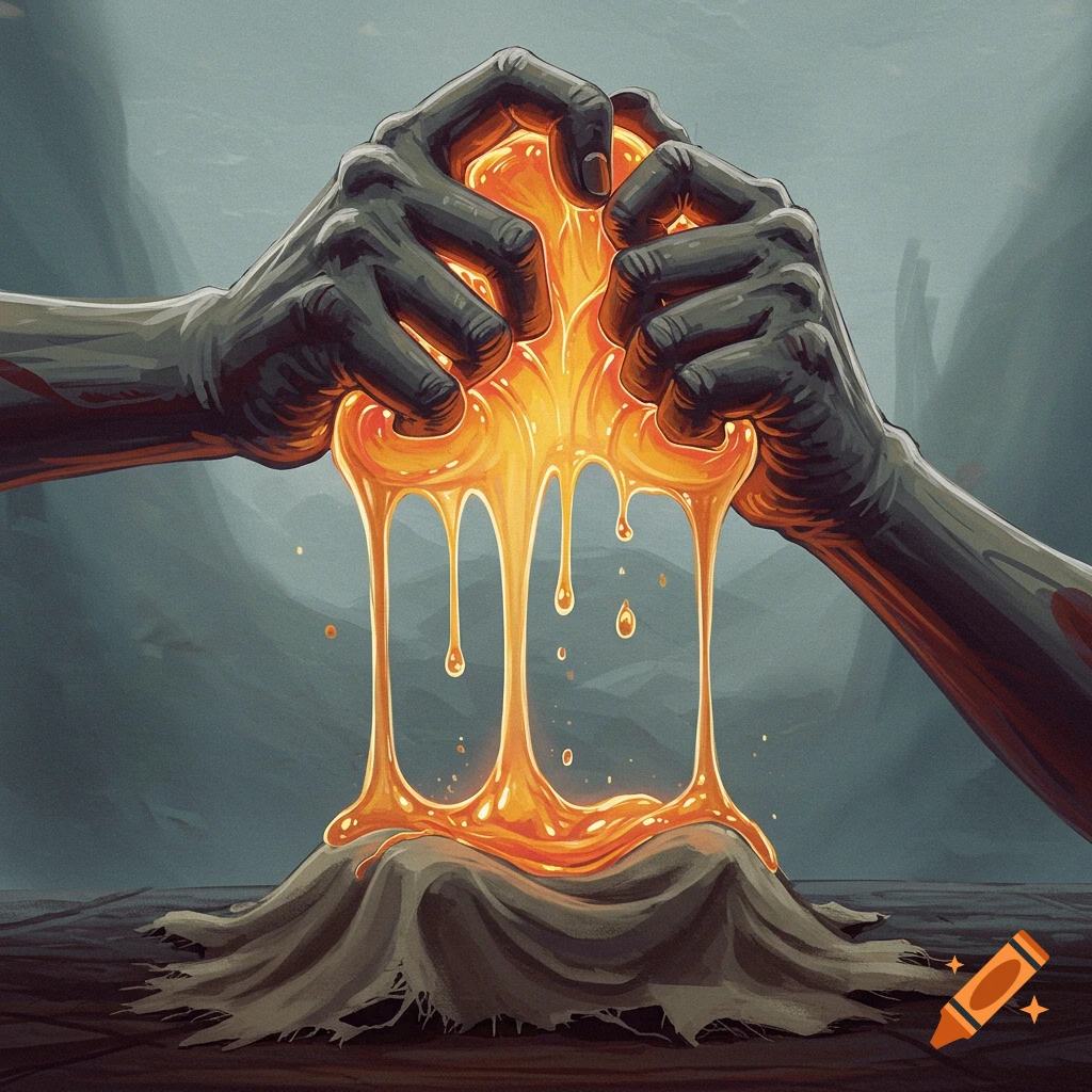 Stylized hands squeeze a glowing orange substance dripping onto a cloth.