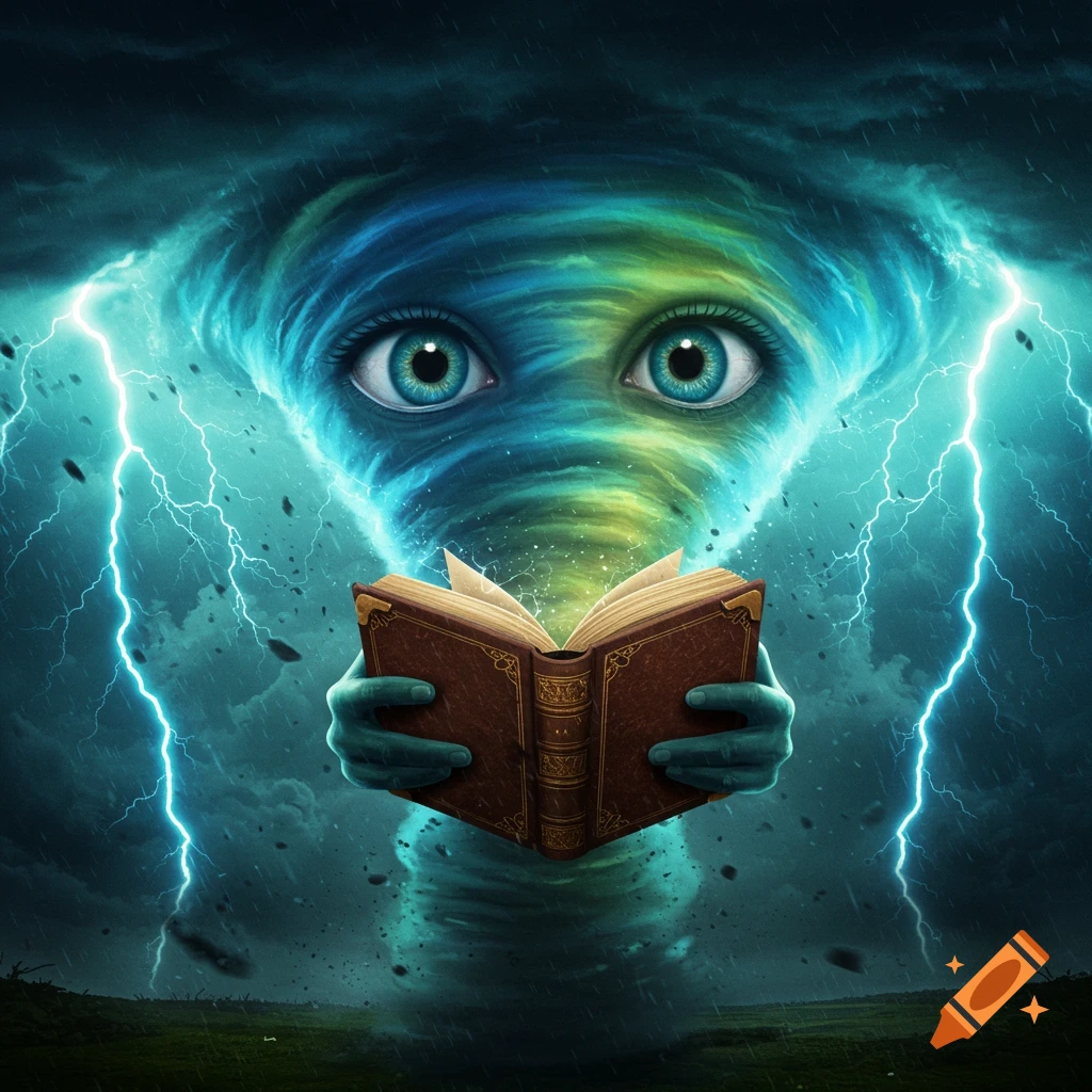 A fantasy image of a tornado with large eyes holding a glowing book during a storm with lightning.