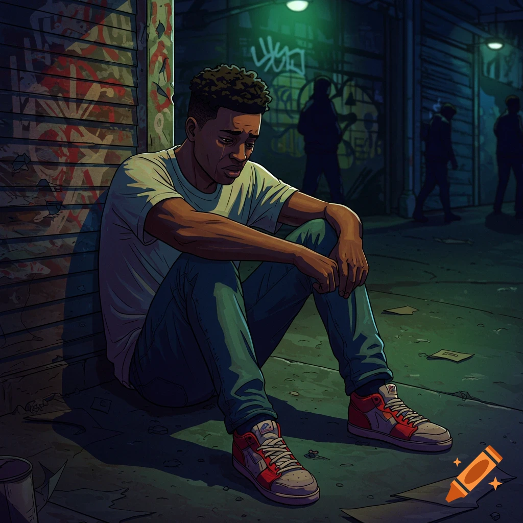 A sad young man sits on the ground in a dark urban alley in a graphic novel style.