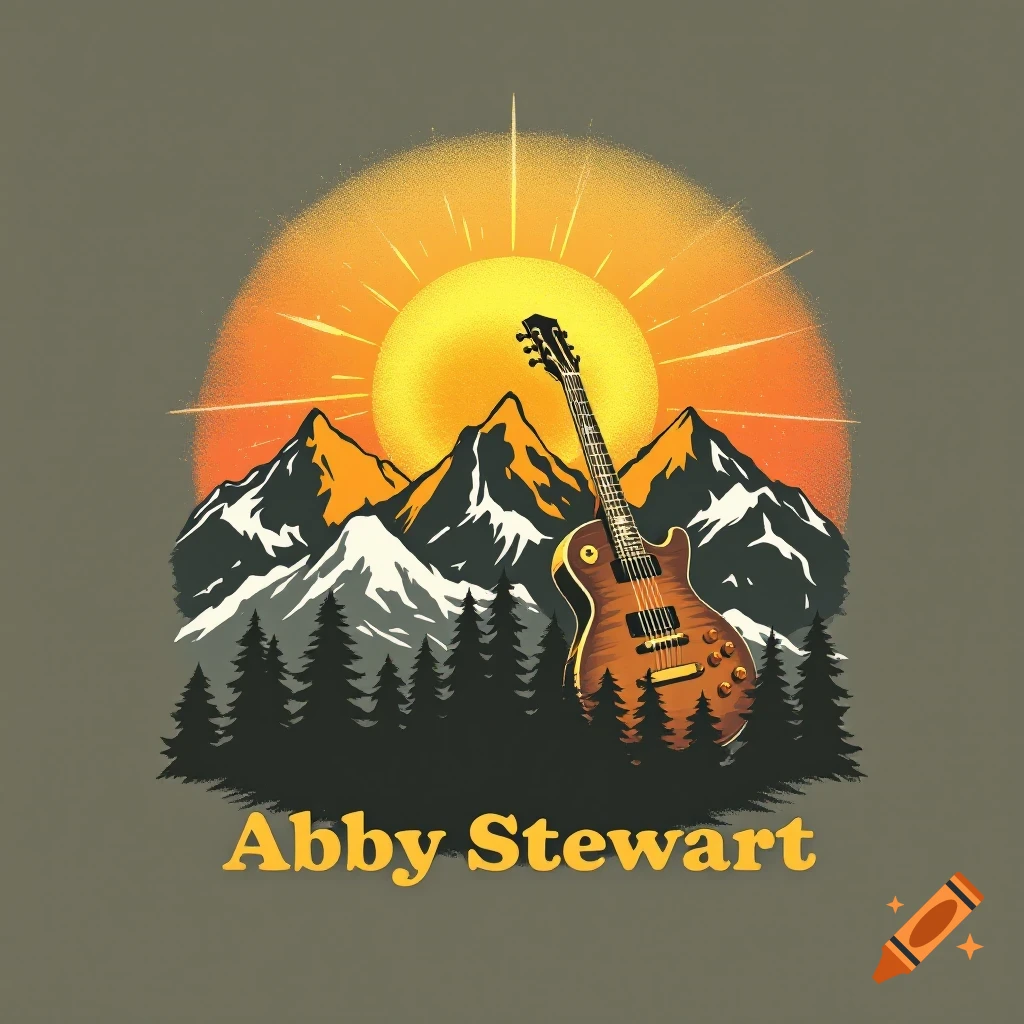 Logo design with a guitar, mountains, trees, and sun at sunset, with the name Abby Stewart below.