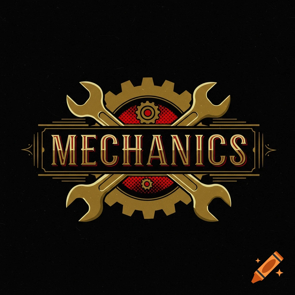 Vintage style mechanics logo with wrenches and a gear.