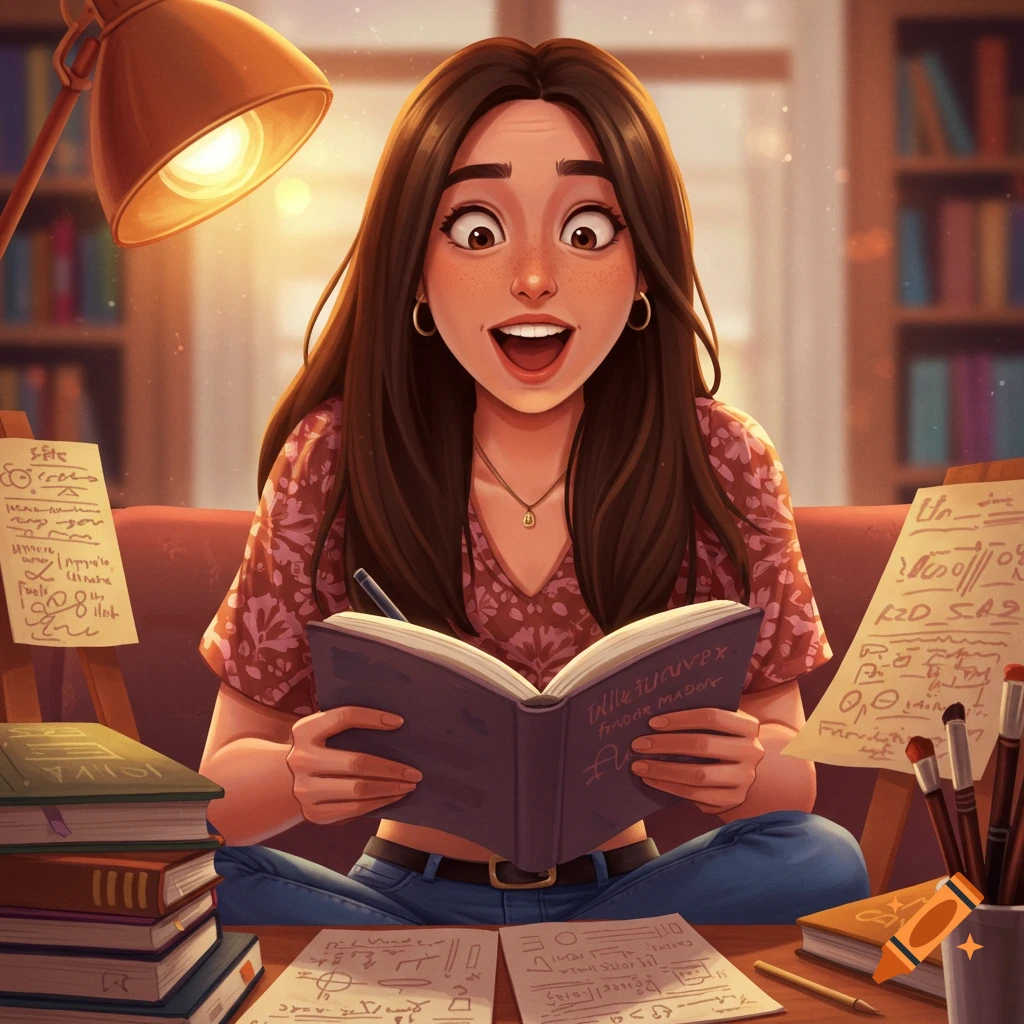 An excited cartoon student studies, surrounded by books and papers under a lamp.