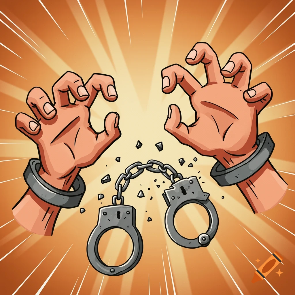 Cartoon hands breaking metal handcuffs against a bright background.