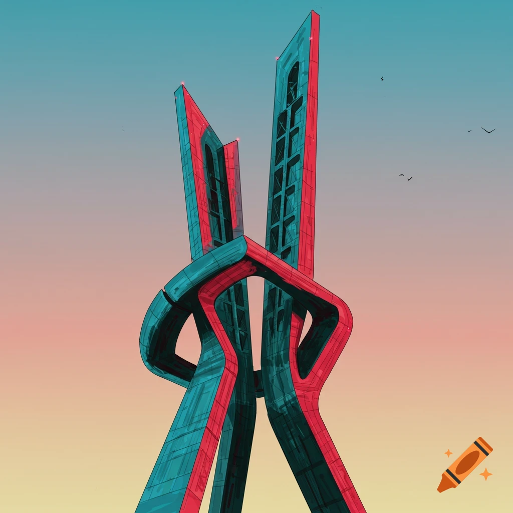 A stylized, abstract red and teal monument against a gradient sky.