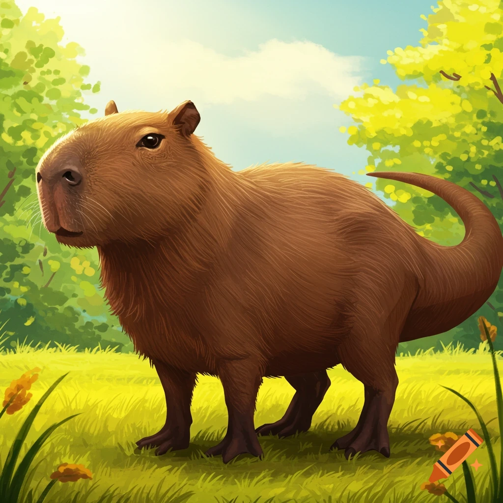 Capybara T-Rex amalgam standing in a grassy field illustration.