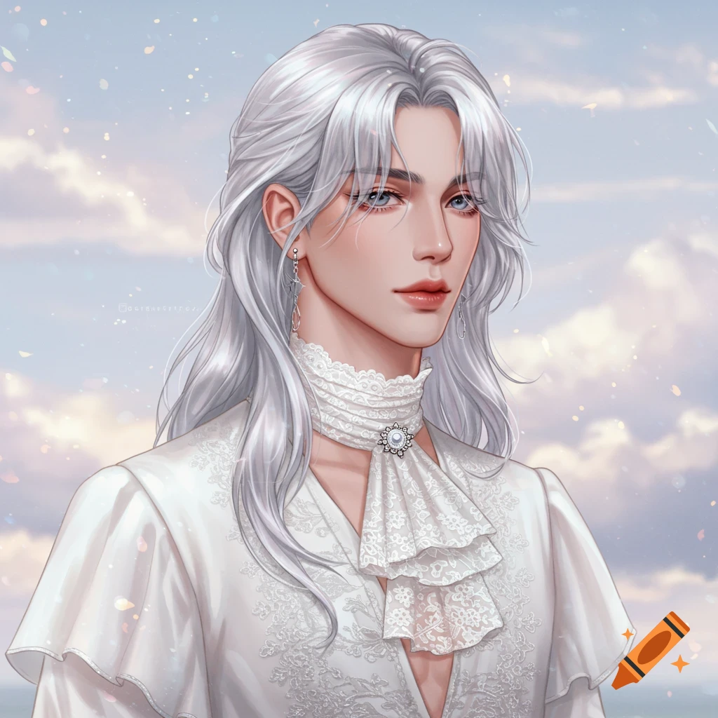 An illustration of a person with long silver hair and a white ruffled blouse against a cloudy sky.