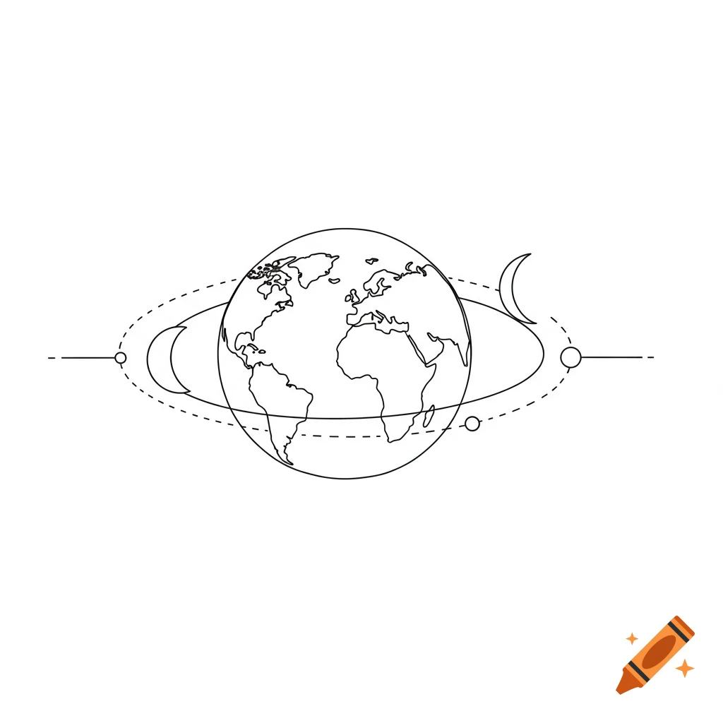 Line drawing of Earth with rings, moon, and orbit lines