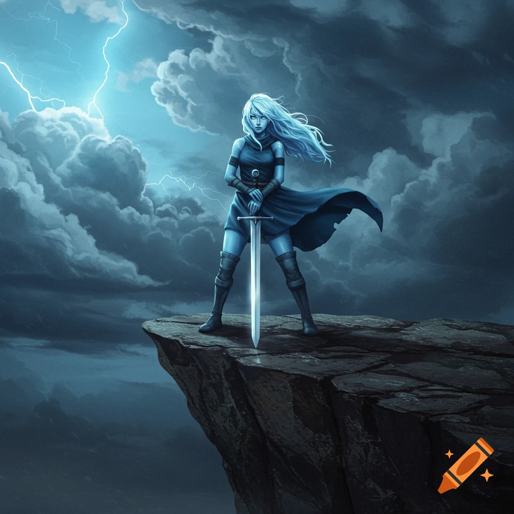 Illustration of a young woman with a longsword standing on a cliff facing a stormy sky with lightning.