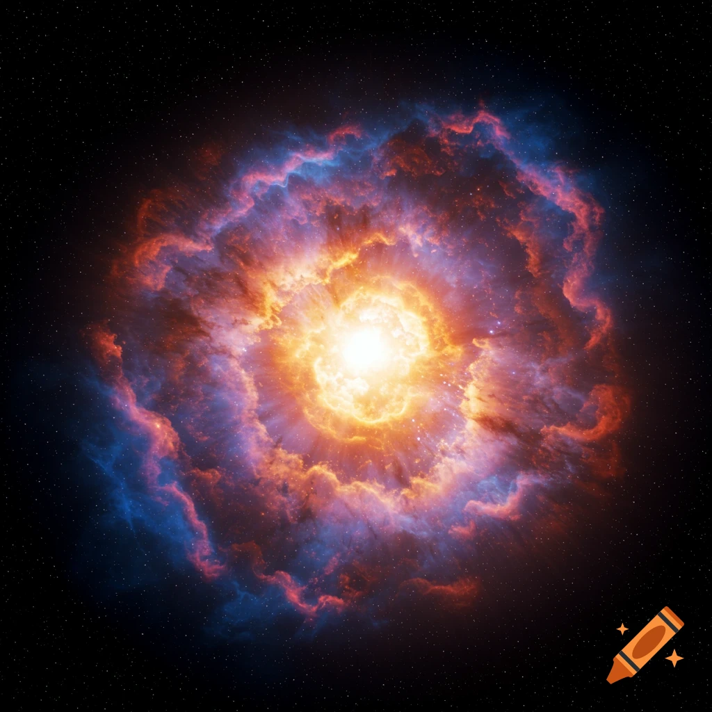 A brilliant supernova or nebula explosion of orange, yellow, and blue gas and light against a starry black background.