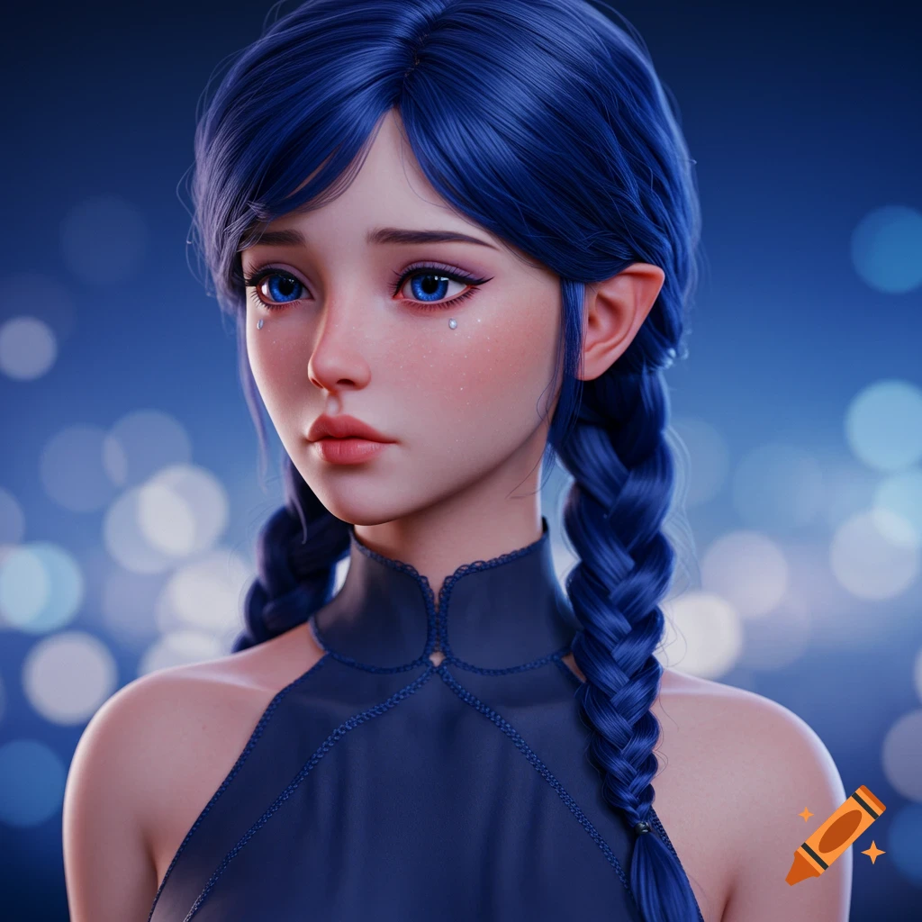 3D render of an anime-style character with blue hair, blue eyes, and elf-like ears, wearing a blue dress against a bokeh background.