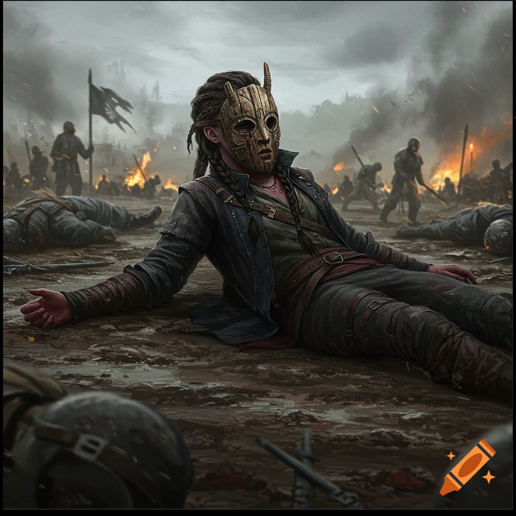 Person in mask lays on the ground in a fantasy battlefield with dead bodies and fires.