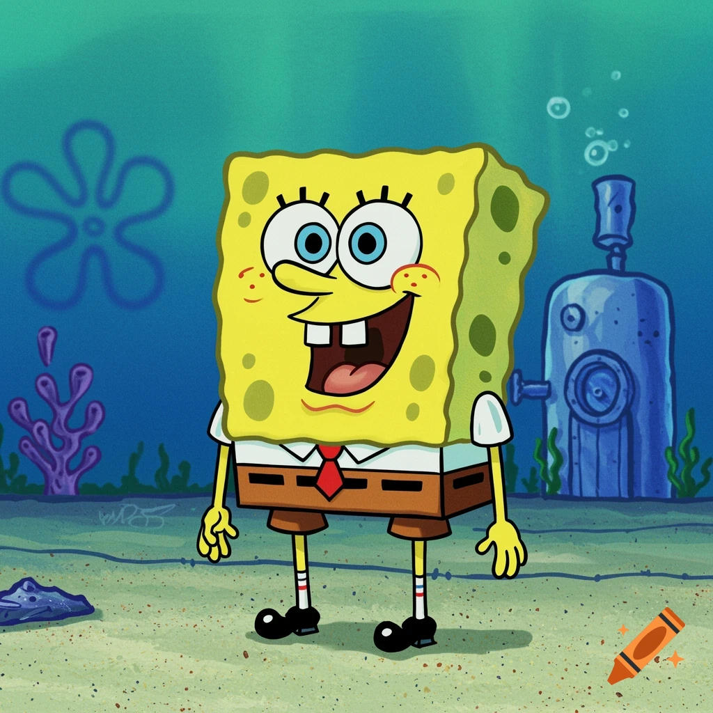Spongebob Squarepants stands underwater in a cartoon style.