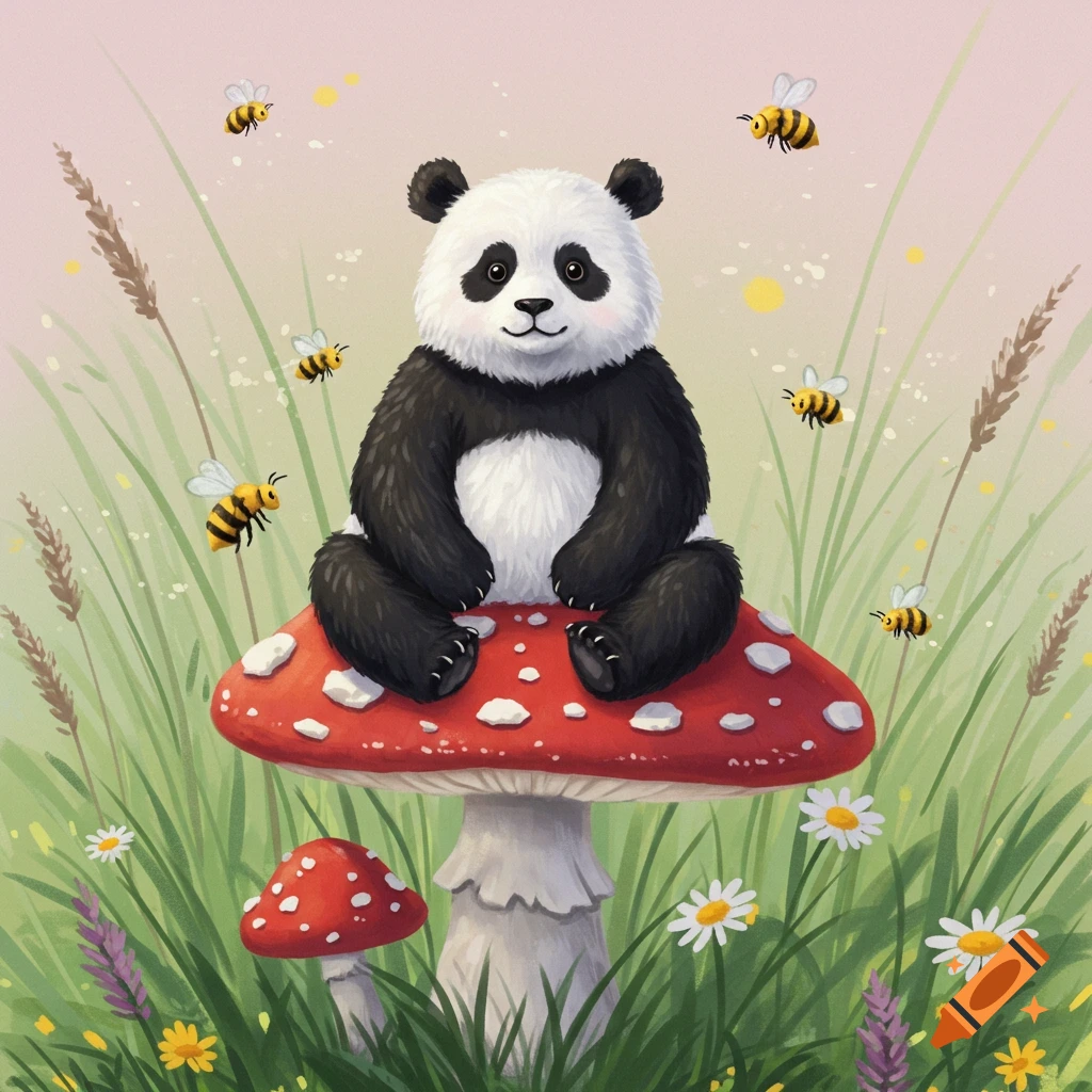 A cute panda sits on a large red mushroom surrounded by grass, flowers, and flying bees in a soft illustration style.