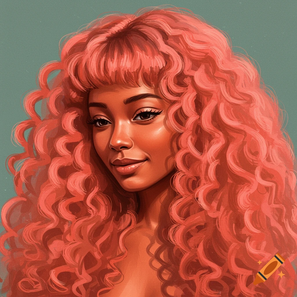 Digital art portrait of a copper-skinned woman with voluminous salmon crimp curly hair.