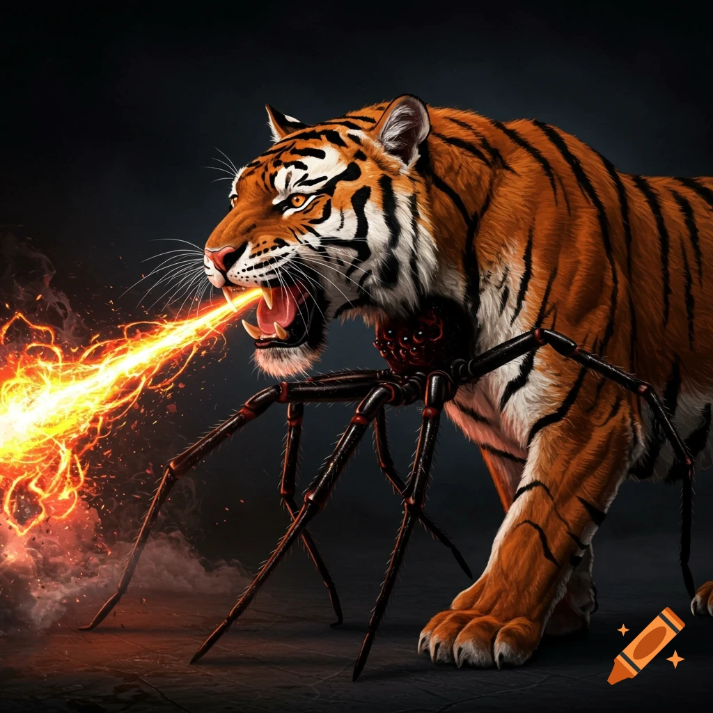 A fantasy creature, a tiger combined with a spider, breathes fire.