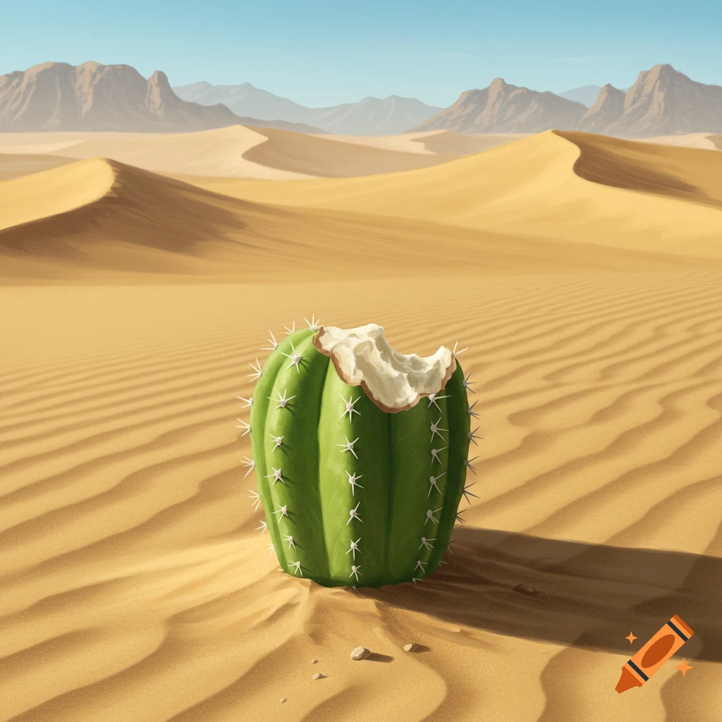 A green cactus with a large bite mark sits in a sandy desert landscape.
