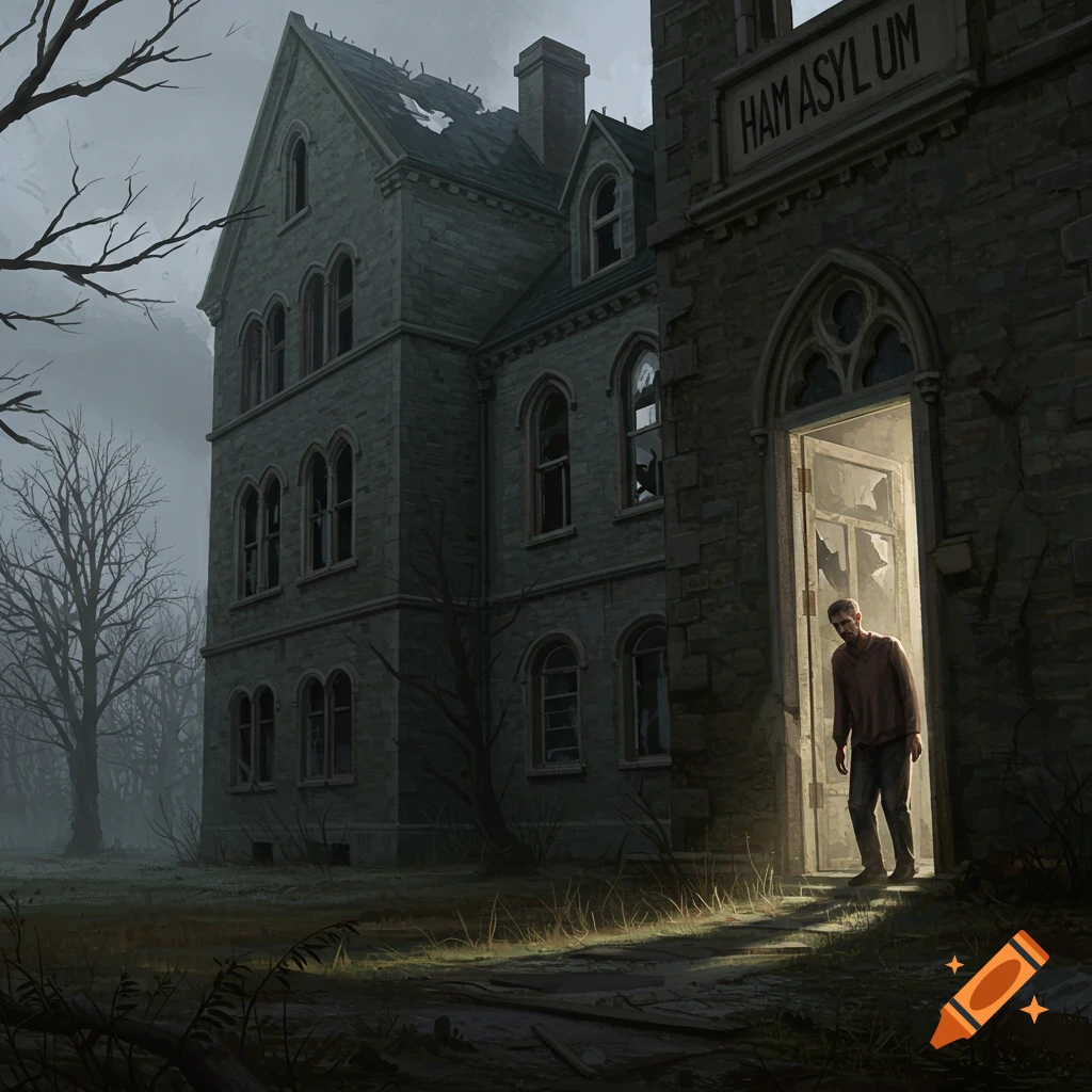 A dishevelled man emerges from the brightly lit doorway of a dark, derelict stone building labelled 'HAM ASYLUM'. Bare trees surround the building under a cloudy sky, in a dark, atmospheric image.